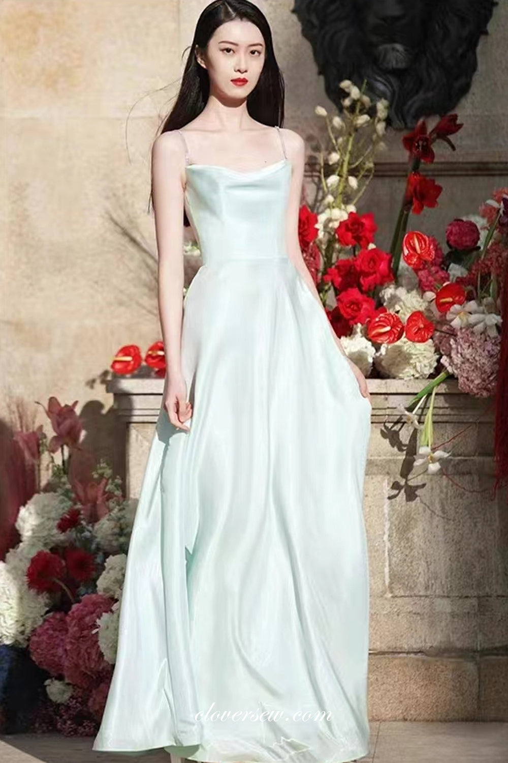 Light Green Shiny Satin Beading Spaghetti Straps A-Line Prom Dresses, CP1035 US6 / As Pic Light Green Shiny Satin Beading Spaghetti Straps A-Line Prom Dresses, CP1035 US6 / As Pic