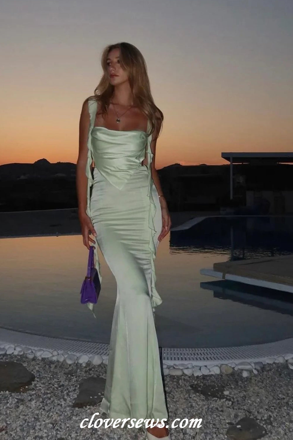 Light Green Silk Satin Ruffles Ribbon Sleeveless Back Slip Mermaid Bridesmaid Dresses, CB0317