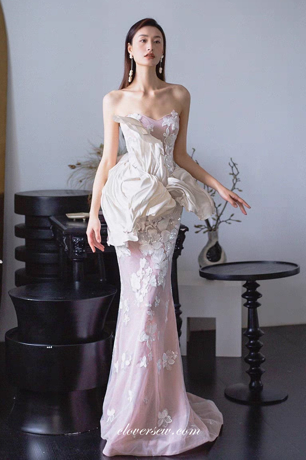 Light Pink Tulle Petal Lace Mermaid Sweetheart Strapless Wedding Dress clover sew Light Pink Tulle Petal Lace Mermaid Sweetheart Strapless Wedding Dress clover sew