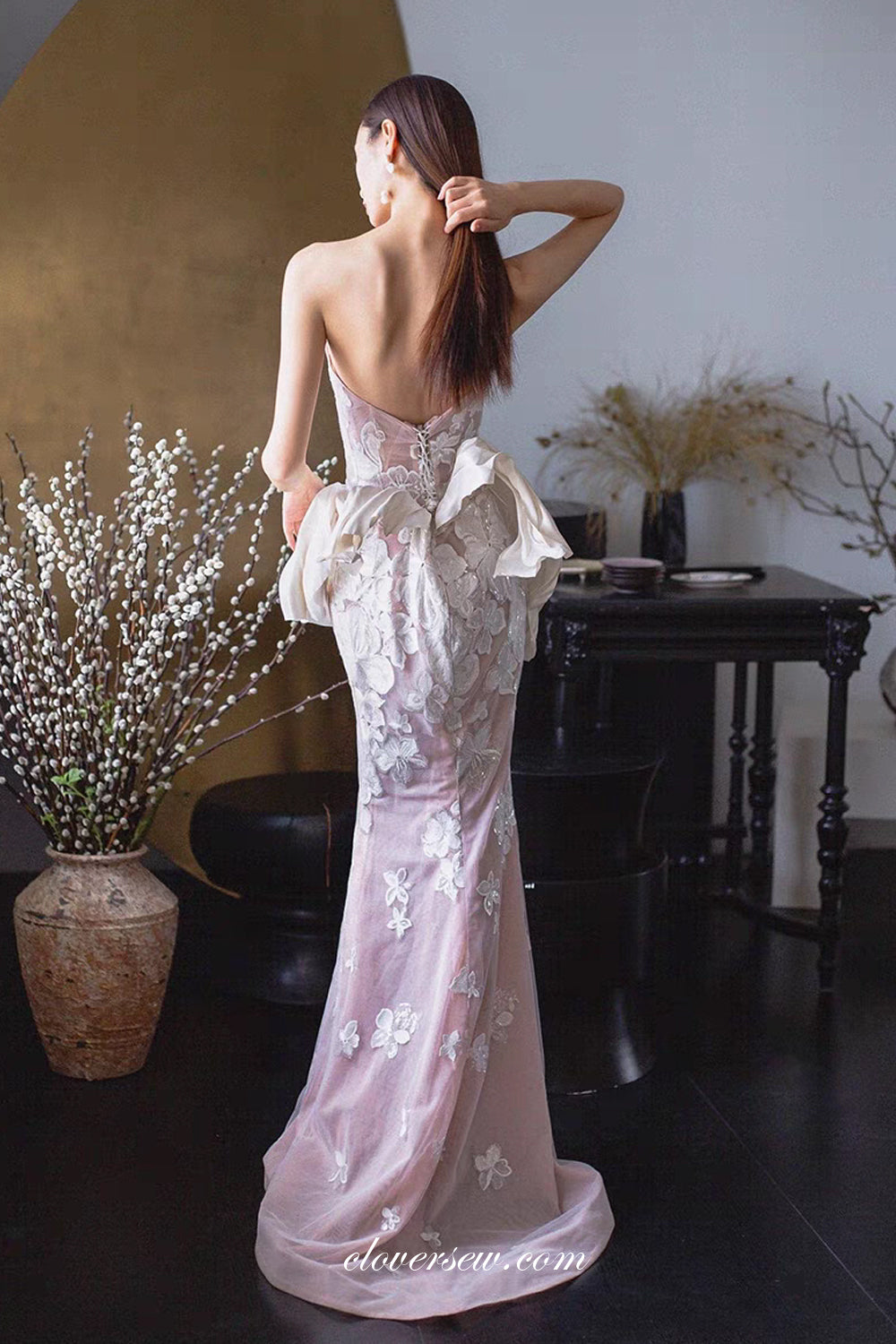 Light Pink Tulle Petal Lace Mermaid Sweetheart Strapless Wedding Dress clover sew Light Pink Tulle Petal Lace Mermaid Sweetheart Strapless Wedding Dress clover sew