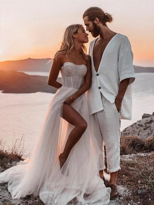 Light Pink Tulle Pleating Strapless A-line High Slit Beach Wedding Dresses, CW0426