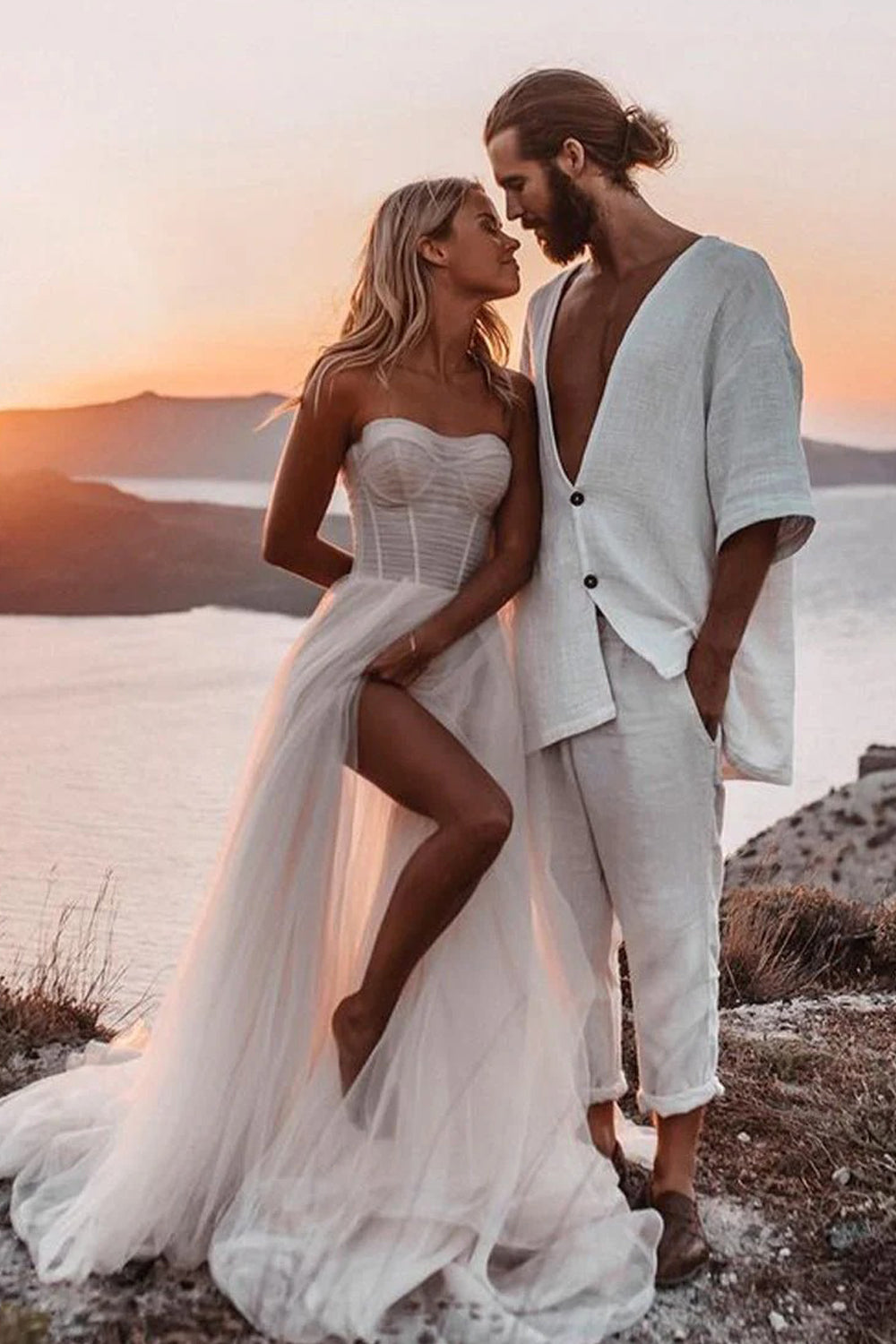 Light Pink Tulle Pleating Strapless A-line High Slit Beach Wedding Dresses, CW0426
