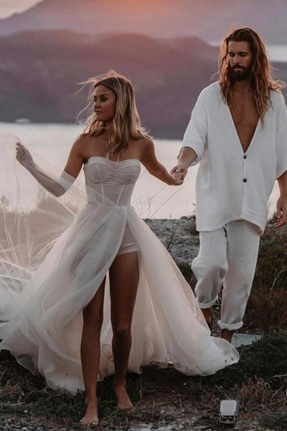 Light Pink Tulle Pleating Strapless A-line High Slit Beach Wedding Dresses, CW0426