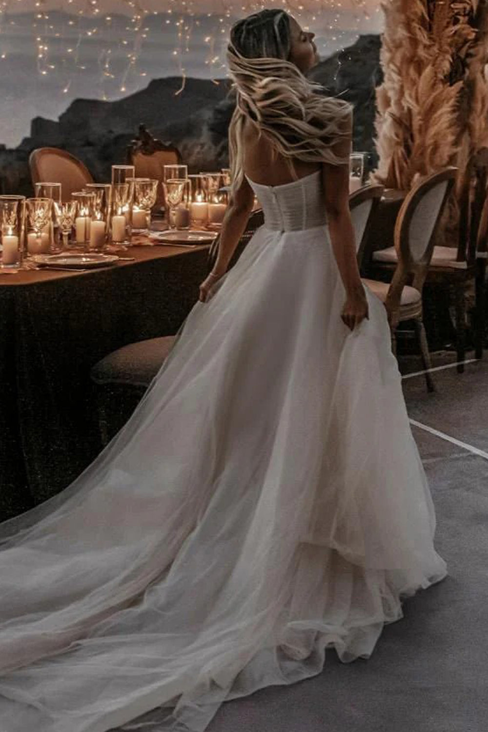 Light Pink Tulle Pleating Strapless A-line High Slit Beach Wedding Dresses, CW0426