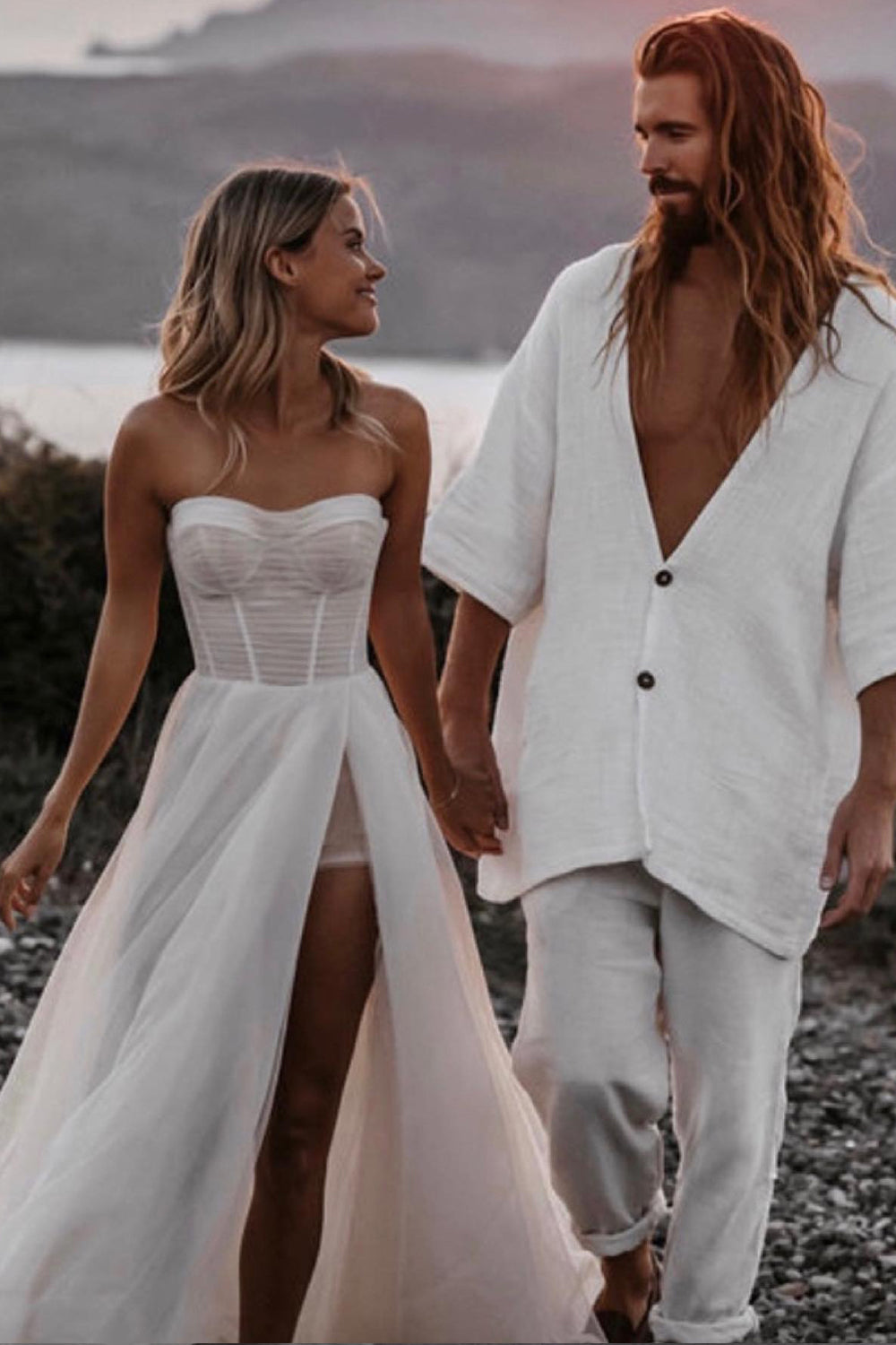 Light Pink Tulle Pleating Strapless A-line High Slit Beach Wedding Dresses, CW0426