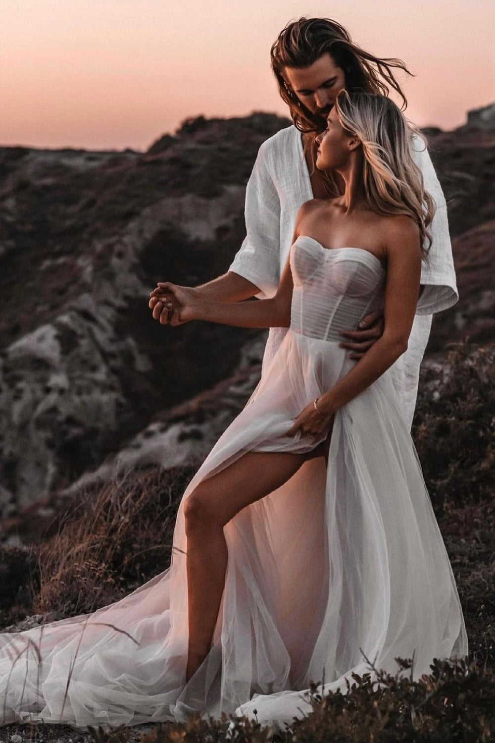 Light Pink Tulle Pleating Strapless A-line High Slit Beach Wedding Dresses, CW0426