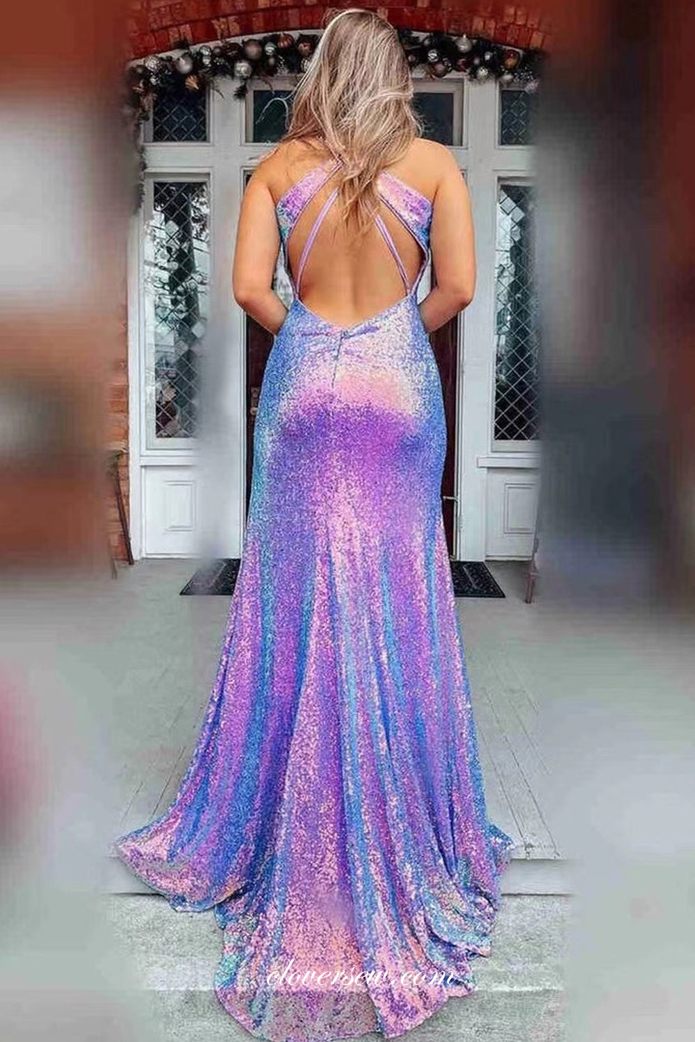 Light Purple Sequin Sleeveless Sheath With Side Slit Shiny Prom Dresses, CP1111