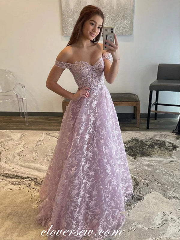 Lilac Lace Beading Off The Shoulder Sweetheart A-line Graduation Prom Dresses, CP1059