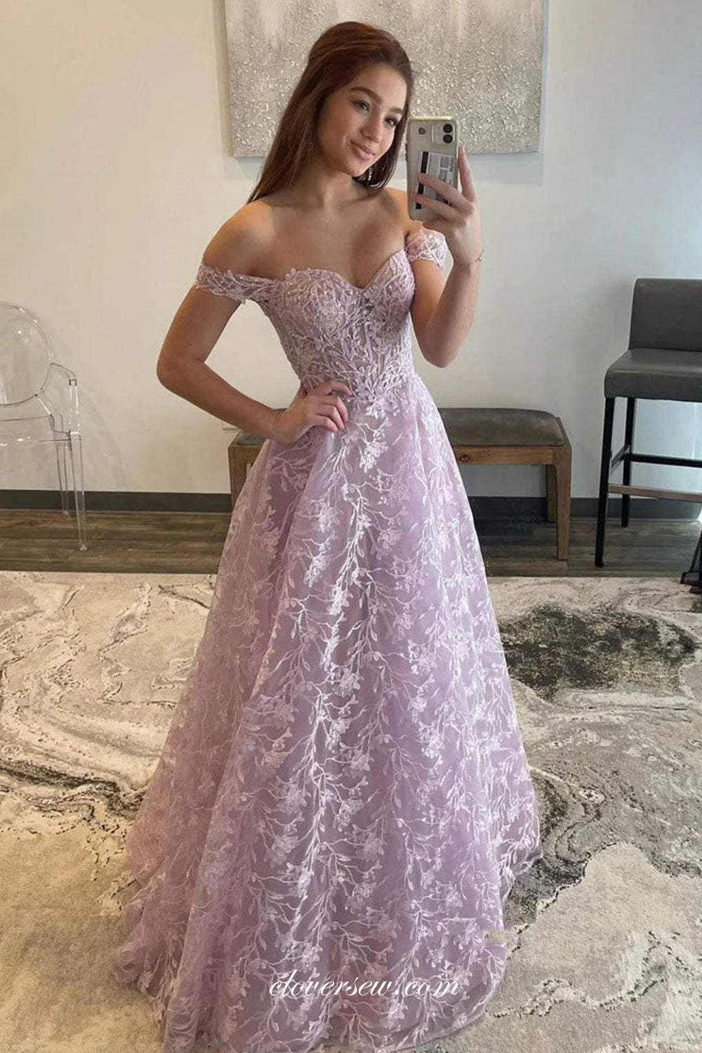 Lilac Lace Beading Off The Shoulder Sweetheart A-line Graduation Prom Dresses, CP1059