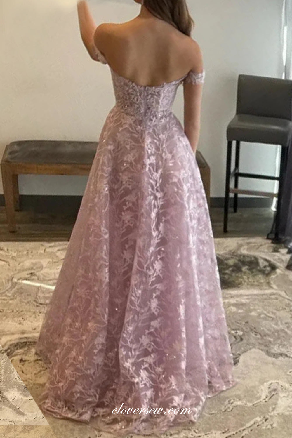 Lilac Lace Beading Off The Shoulder Sweetheart A-line Graduation Prom Dresses, CP1059