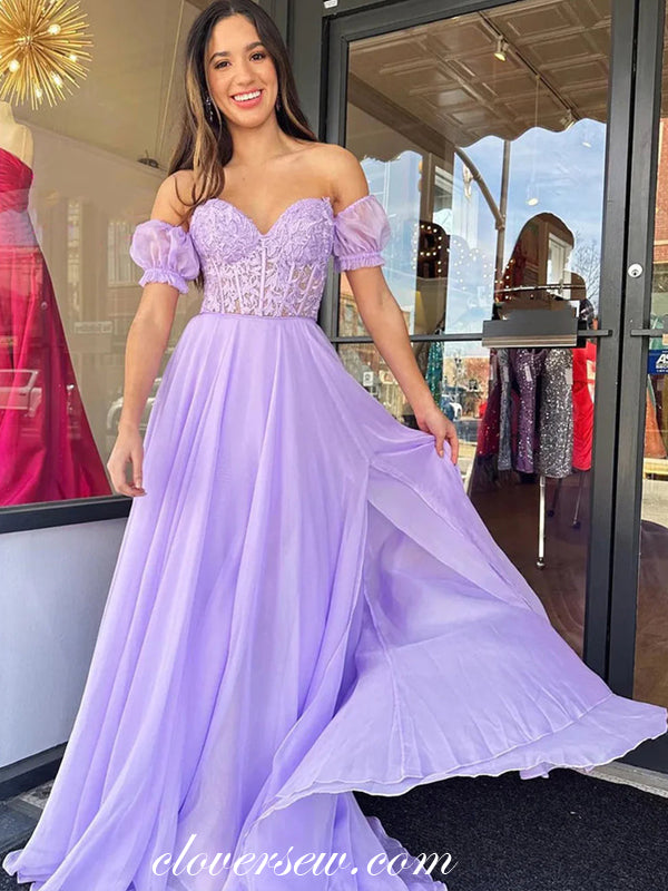 Lilac Lace Chiffon Sweetheart Strapless With Detachable Sleeves A-line Prom Dresses, CP1091