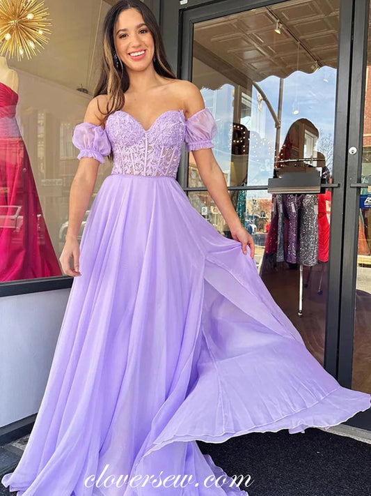 Lilac Lace Chiffon Sweetheart Strapless With Detachable Sleeves A-line Prom Dresses, CP1091