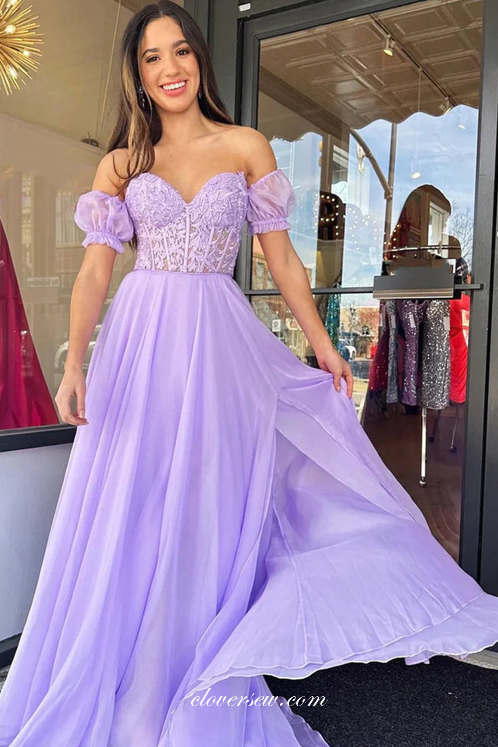 Lilac Lace Chiffon Sweetheart Strapless With Detachable Sleeves A-line Prom Dresses, CP1091