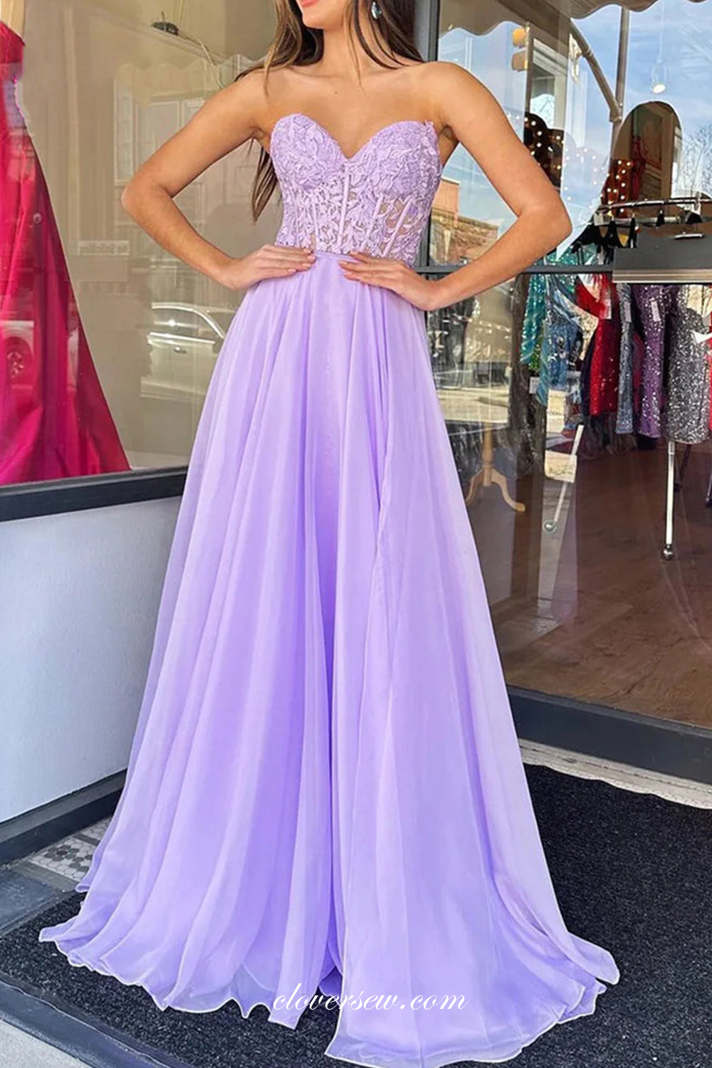 Lilac Lace Chiffon Sweetheart Strapless With Detachable Sleeves A-line Prom Dresses, CP1091