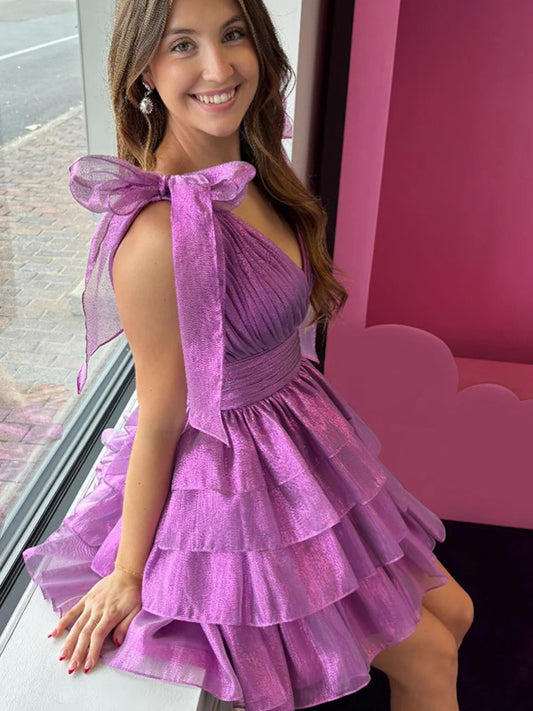 Lilac Organza V-neck Sleeveless A-line Tiered Short Homecoming Dresses,CH0116