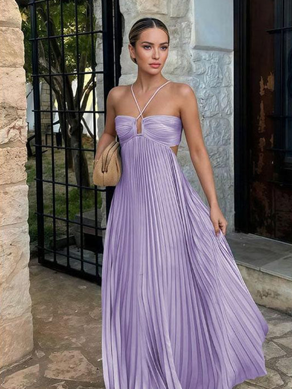 Lilac Pleating Chiffon Spaghetti Strap Open Back Bridesmaid Dresses, CB0340