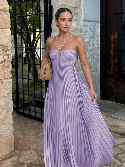 Lilac Pleating Chiffon Spaghetti Strap Open Back Bridesmaid Dresses, CB0340