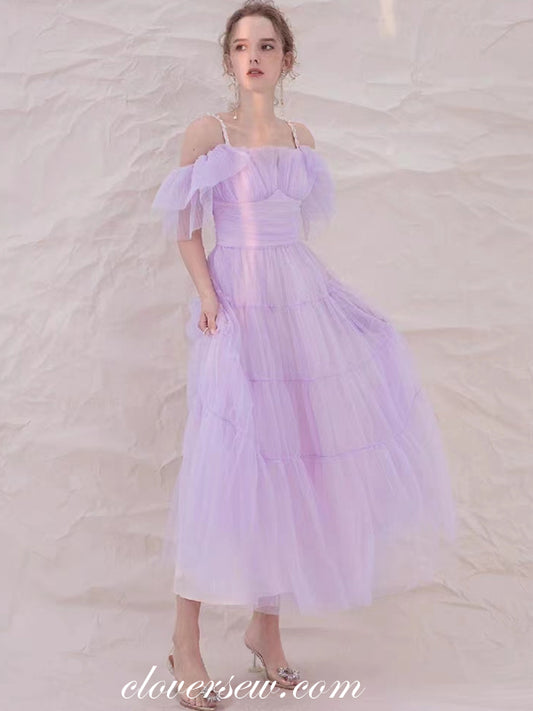Lilac Pleating Tulle Off The Shoulder Tea Length Wedding Party Bridesmaid Dresses, CB0295