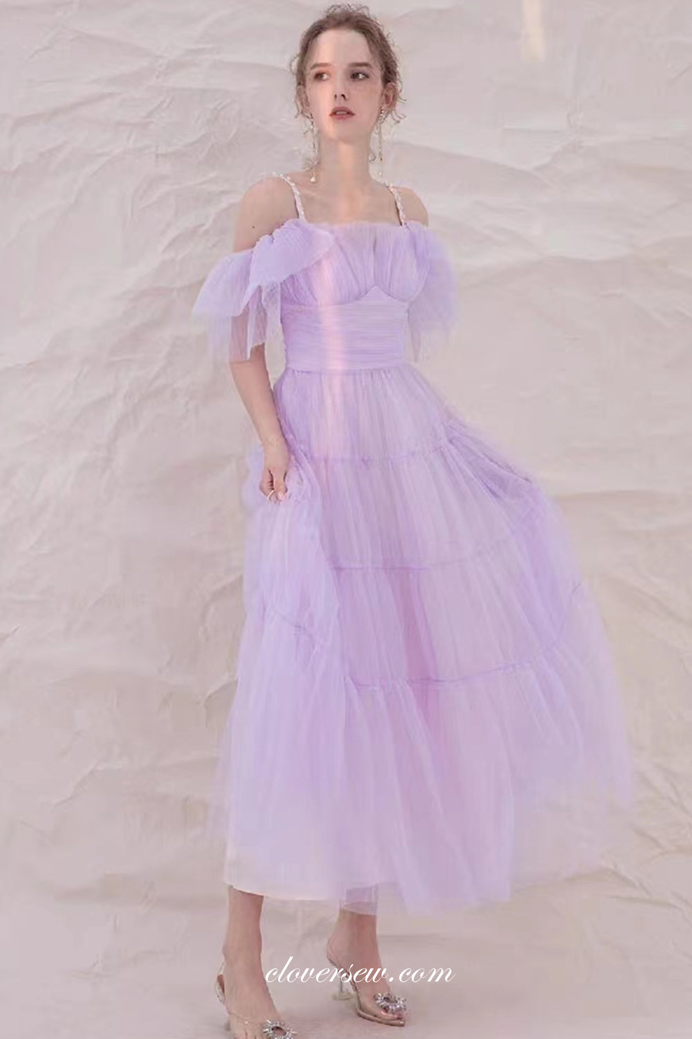 Lilac Pleating Tulle Off The Shoulder Tea Length Wedding Party Bridesmaid Dresses, CB0295