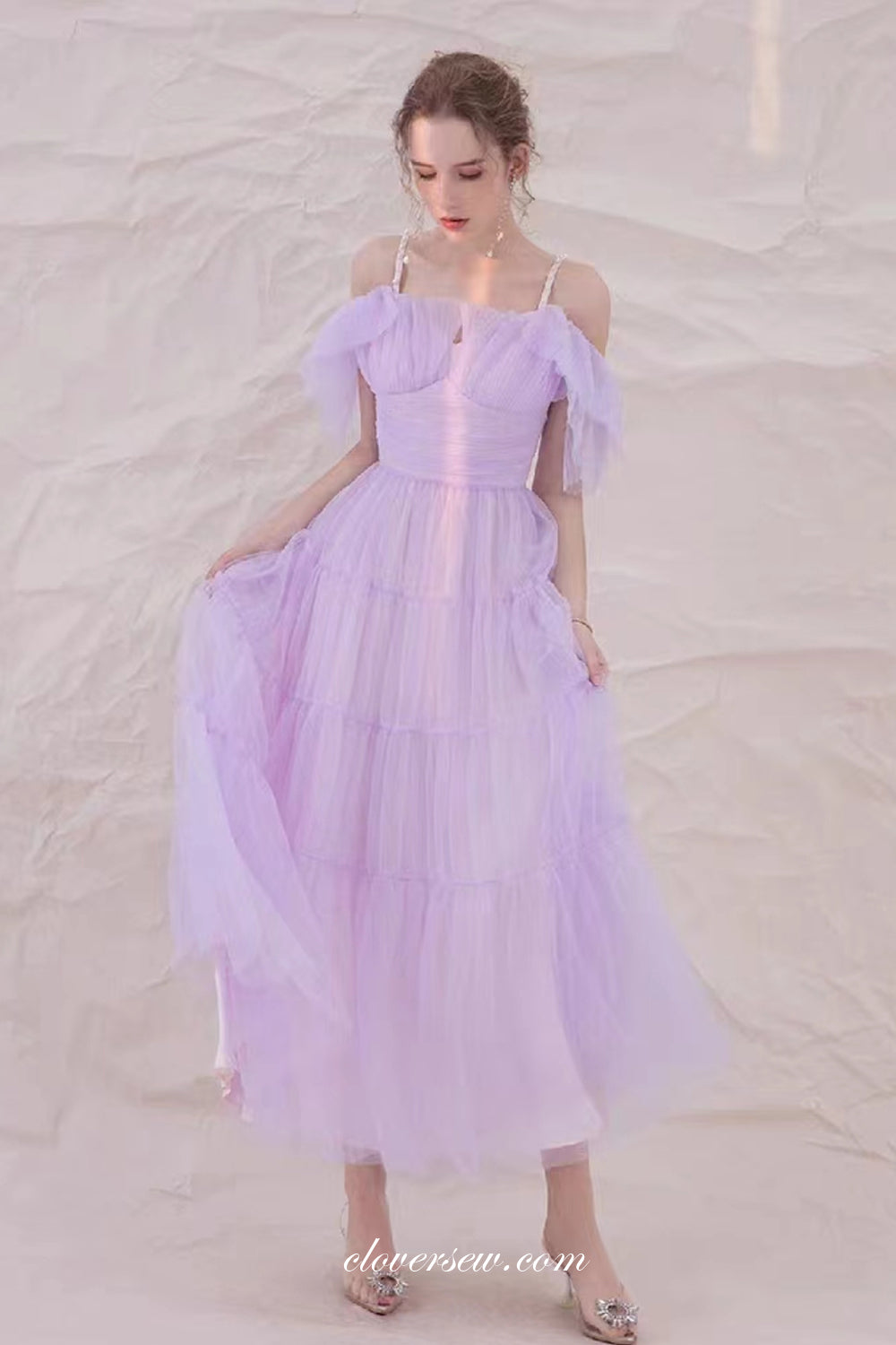 Lilac Pleating Tulle Off The Shoulder Tea Length Wedding Party Bridesmaid Dresses, CB0295