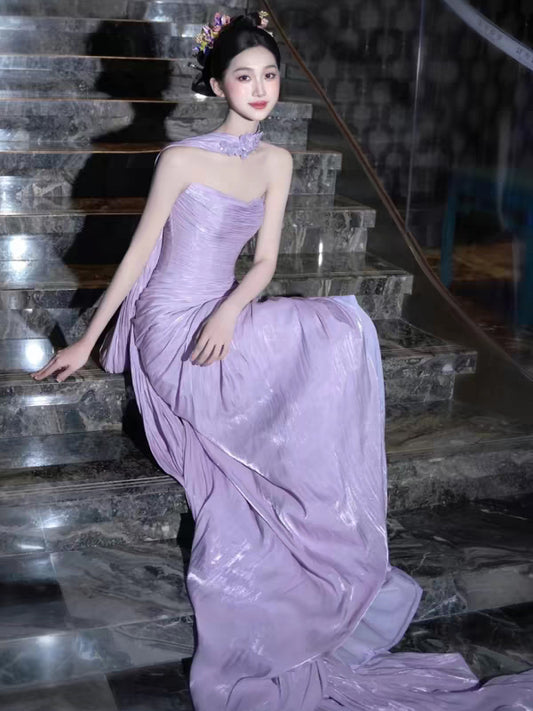 Lilac Shiny Chiffon Pleating Strapless With Shawl Prom Dresses, CP1090