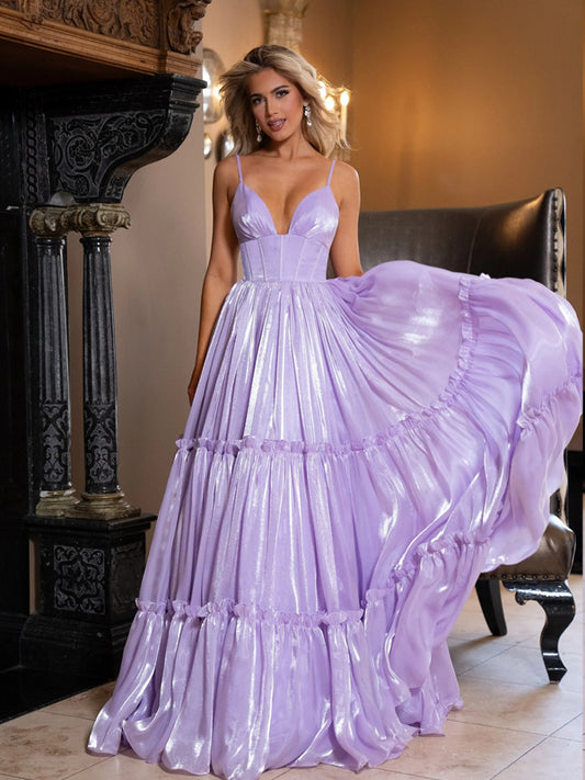 Lilac Shiny Organza V-neck Charming A-line Prom Dresses,CP1030