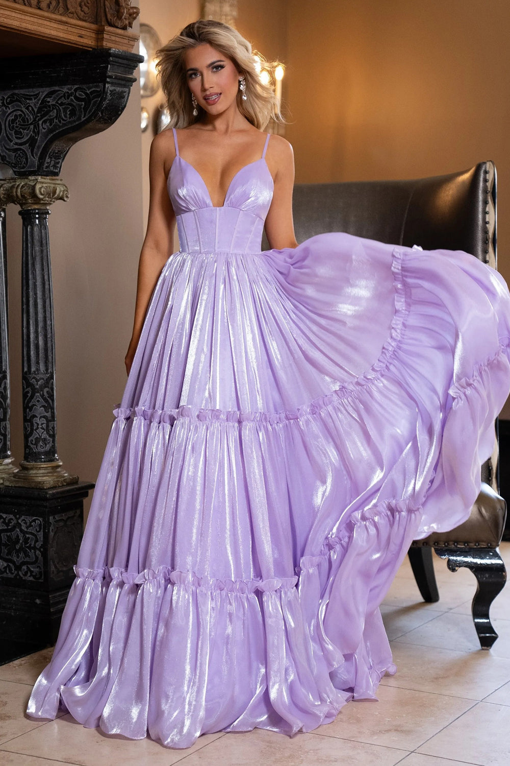 Lilac Shiny Organza V-neck Charming A-line Prom Dresses,CP1030