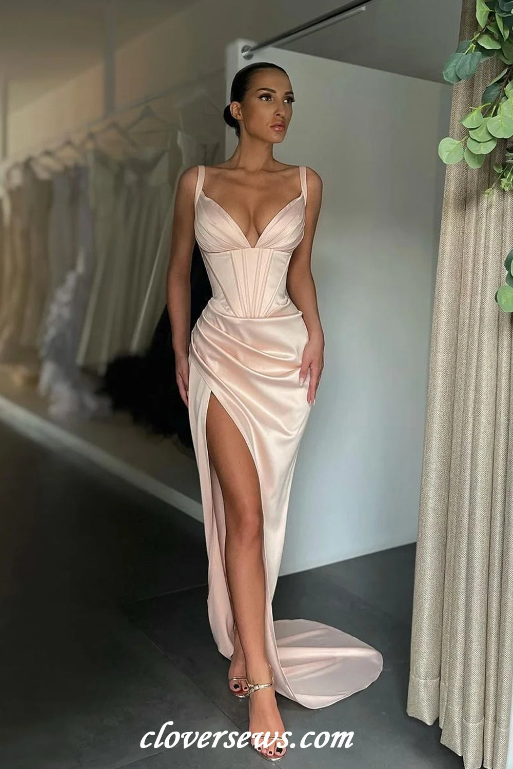 chelsea satin high slit formal dress Chelsea Satin High Slit Dress