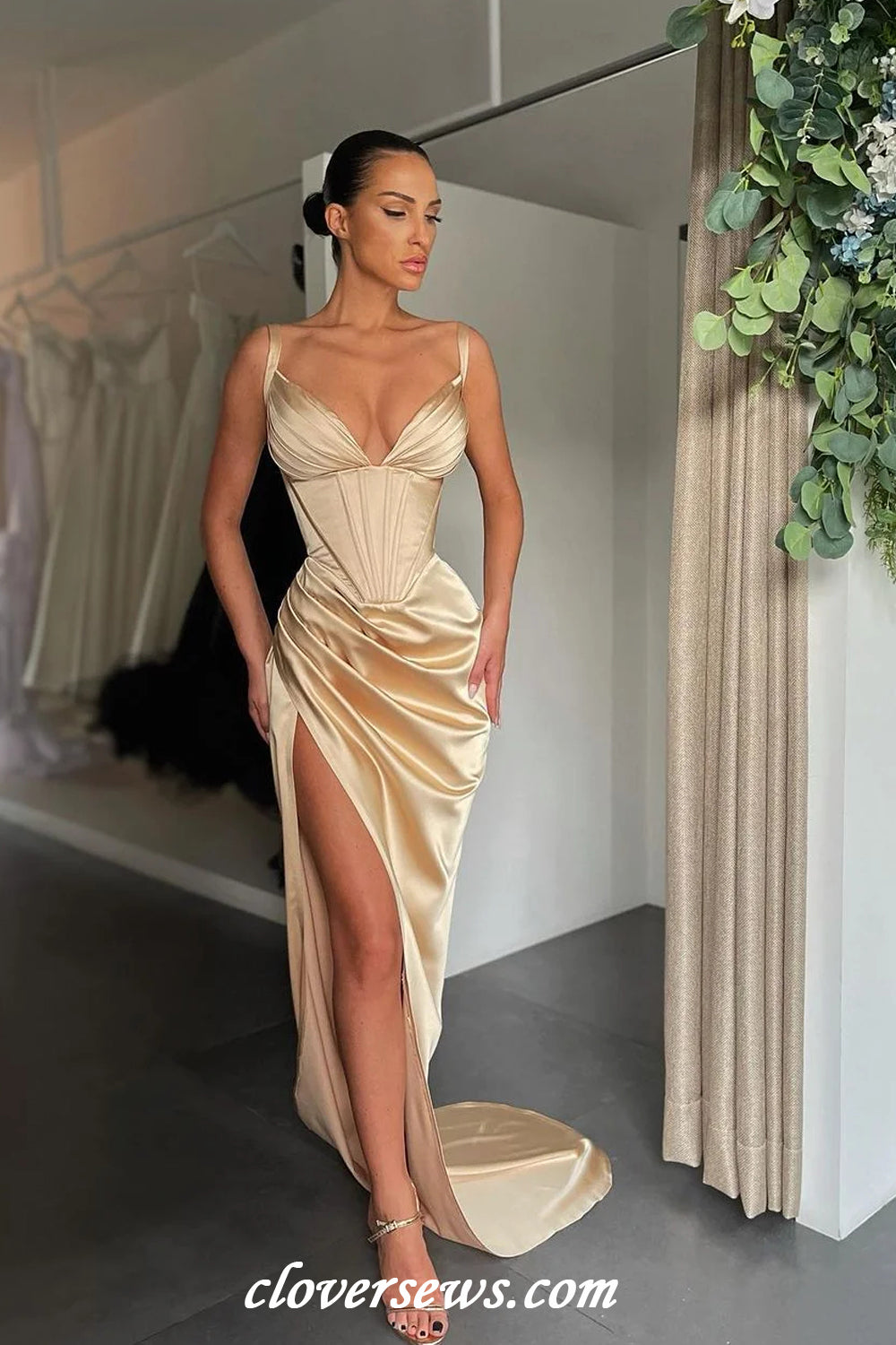 Lilac Silk Satin Sleeveless V-neck Sheath High Slit Formal Dresses, CP clover sew Lilac Silk Satin Sleeveless V-neck Sheath High Slit Formal Dresses, CP clover sew