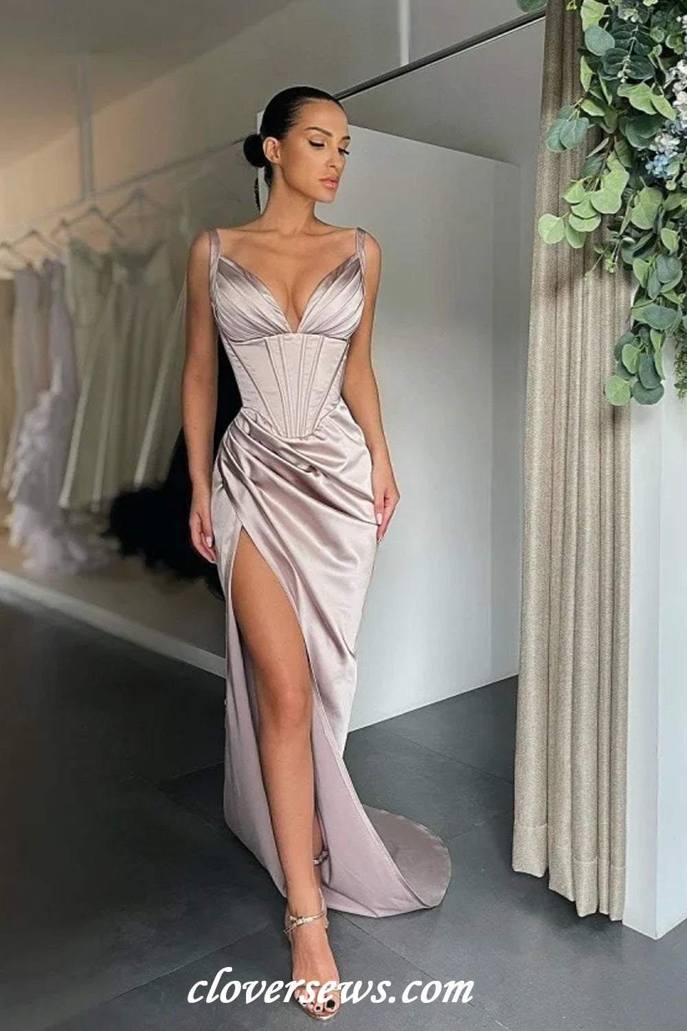 Lilac Silk Satin Sleeveless V-neck Sheath High Slit Formal Dresses, CP clover sew Lilac Silk Satin Sleeveless V-neck Sheath High Slit Formal Dresses, CP clover sew