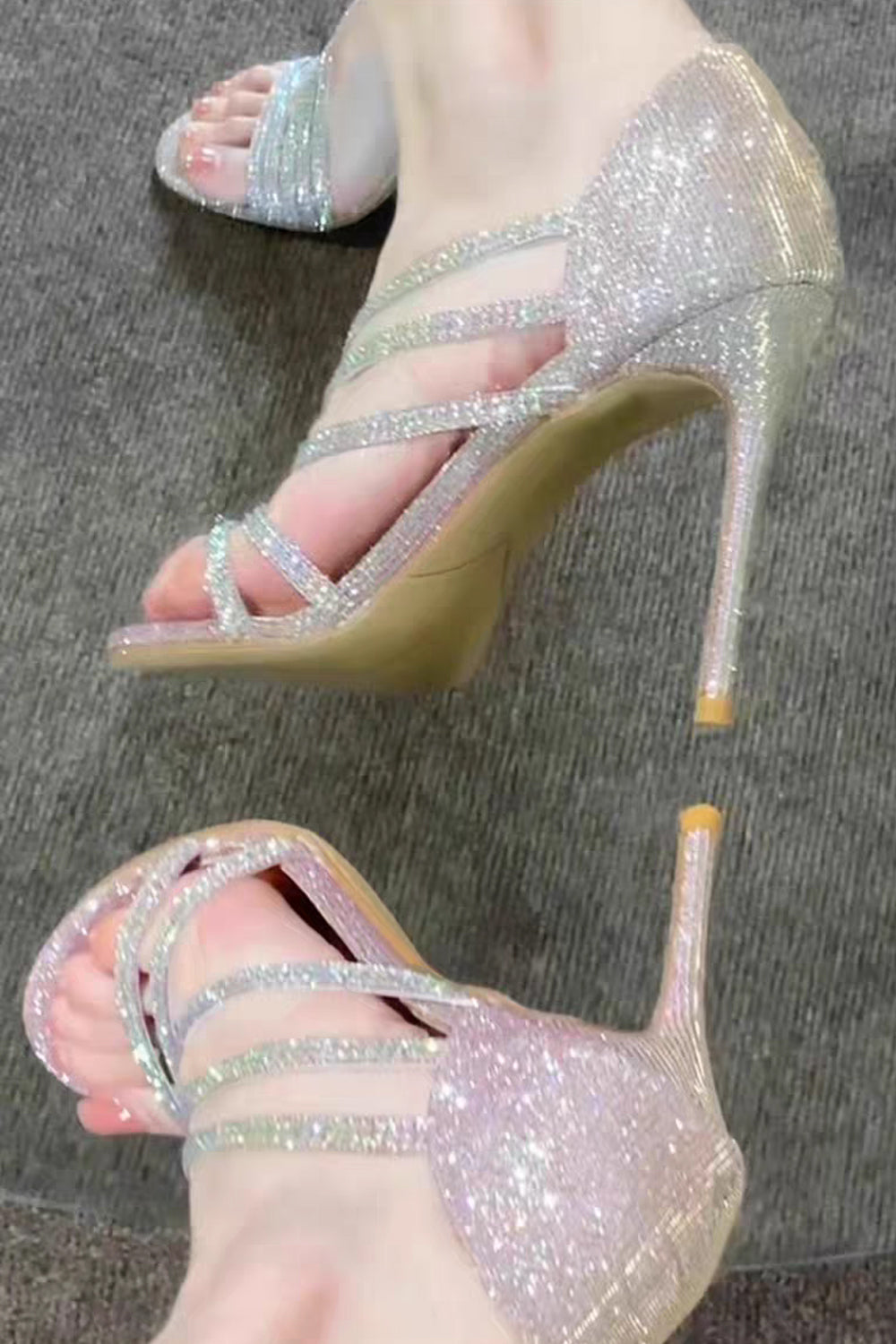 Lilac Silver Gradient Rhinestones Shiny Pointed Stiletto Sandals
