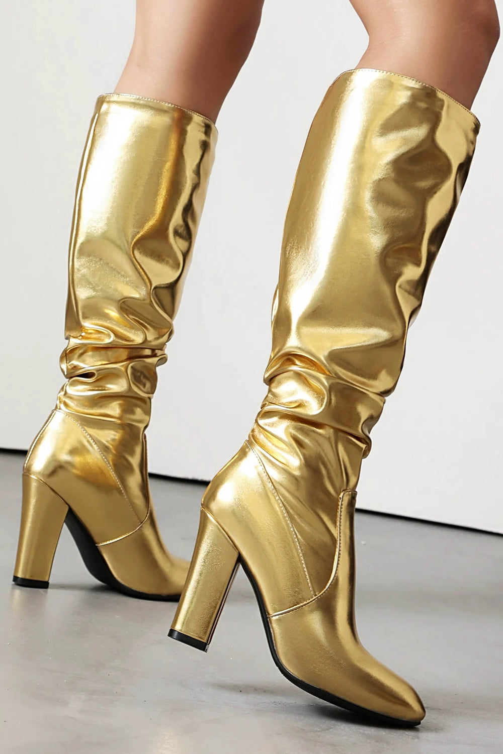 Liquid Gold Round-Toe Stacked  Sock Boots