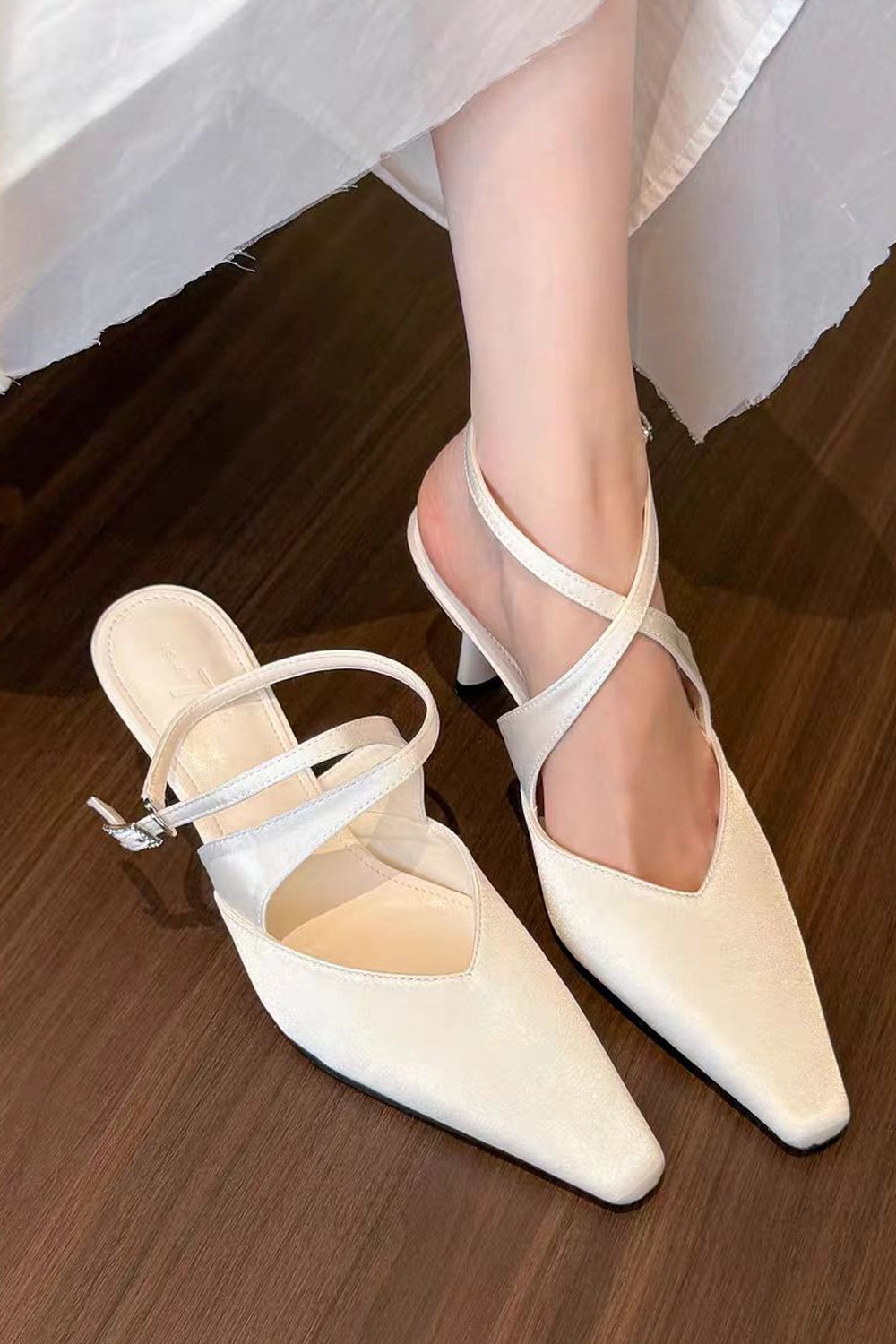 Luxury Satin Slender Ankle-Strap Pointed Toe Pump Wedding Shoes