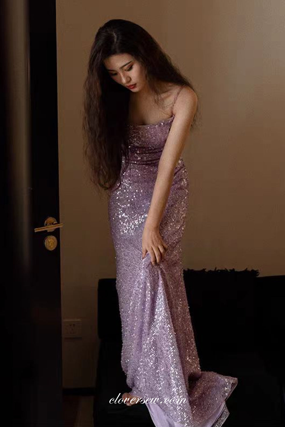 Mauve Purple Shiny Sequin Spaghetti Strap Mermaid Prom Dresses, CP1092