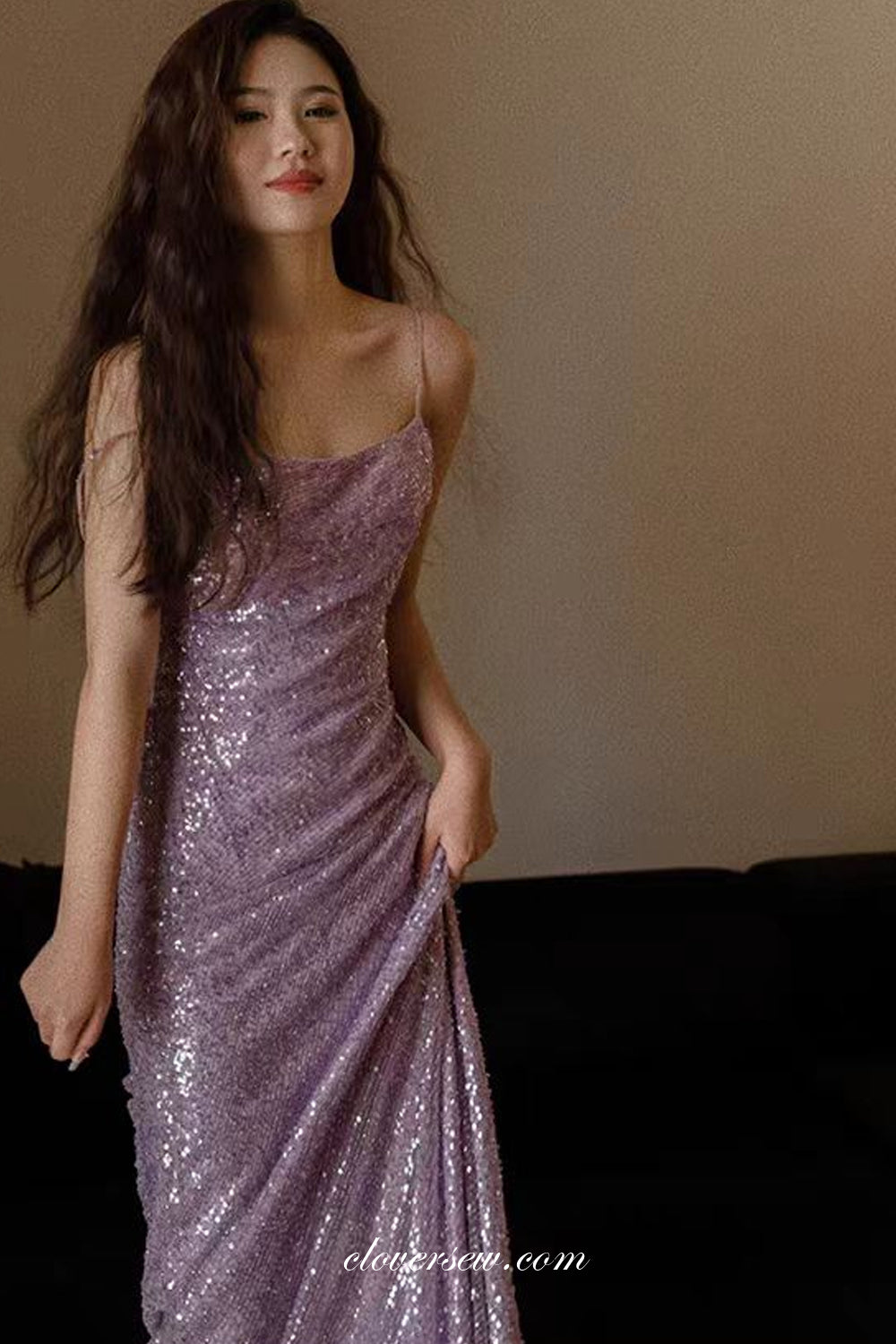 Mauve Purple Shiny Sequin Spaghetti Strap Mermaid Prom Dresses, CP1092