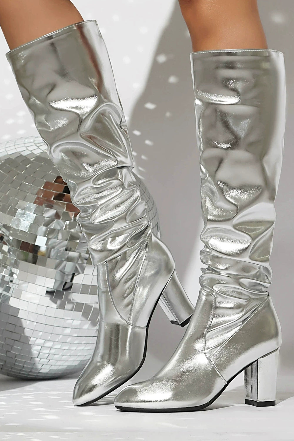 Metallic Silver Round-Toe Stacked  Sock Boots