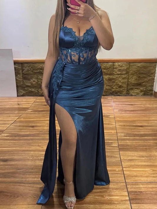 Navy Elastic Satin Lace Applique Sheath High Slit Prom Dresses, CP1083