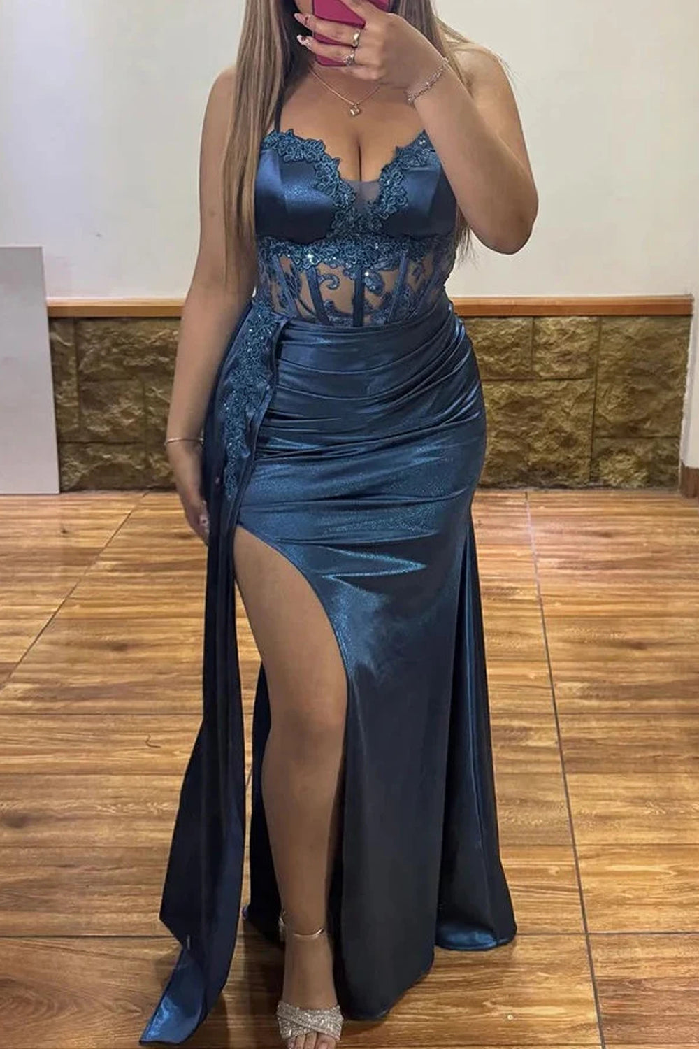 Navy Elastic Satin Lace Applique Sheath High Slit Prom Dresses, CP1083