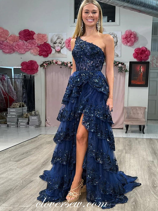 Navy Sequined Lace Applique One Shoulder Tiered A-line Prom Dresses, CP1119