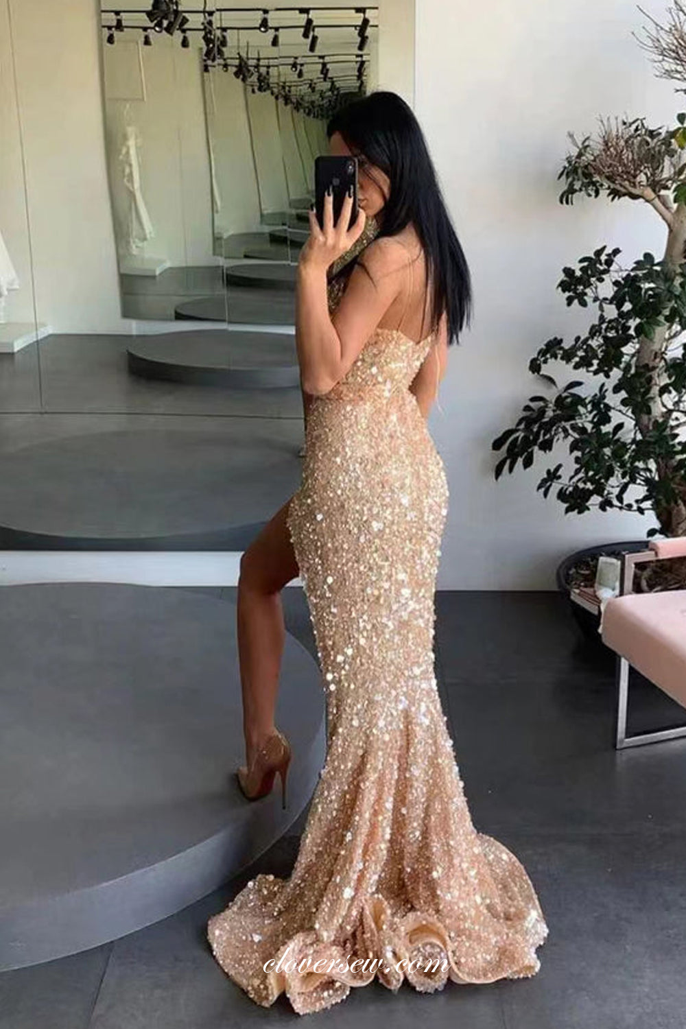 Nude Sequined Tulle V-neck Spaghetti Strap Mermaid With High Slit Prom Dresses, CP1109