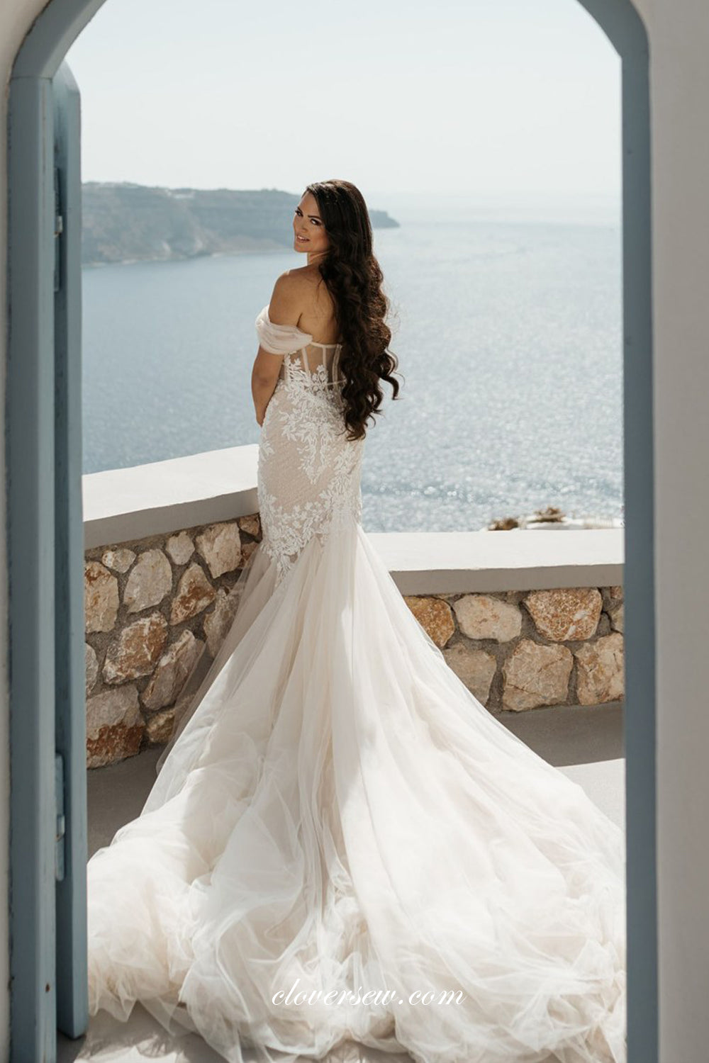 Off The Shoulder Illusion Top Lace Applique Mermaid Vintage Wedding Dresses, CW0387