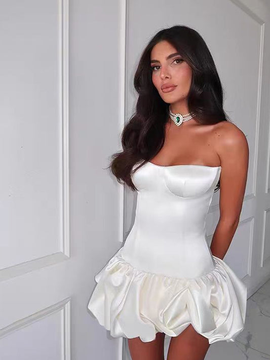 Off White Satin Bubble Bottom Fashion Strapless Mini Formal Dresses, CH0104