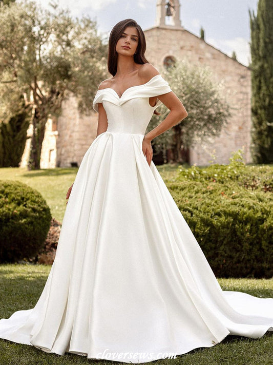 Off White Satin Pleating Off The Shoulder A-line Vintage Wedding Dresses, CW0392