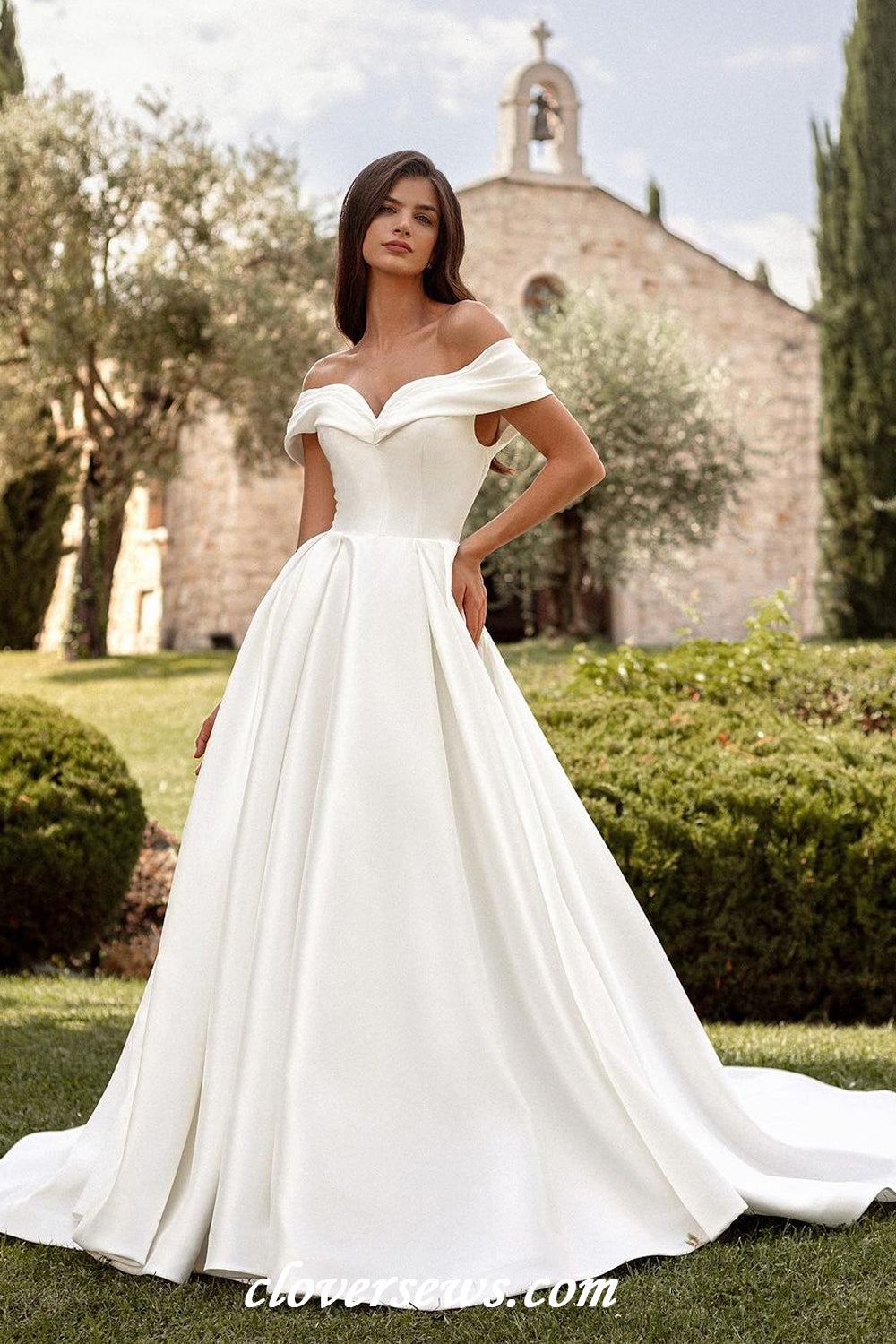 Off White Satin Pleating Off The Shoulder A-line Vintage Wedding Dress