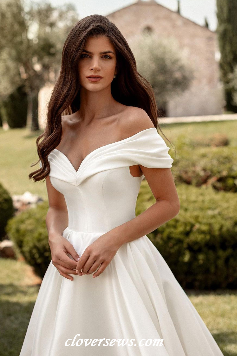 Off White Satin Pleating Off The Shoulder A-line Vintage Wedding Dresses, CW0392