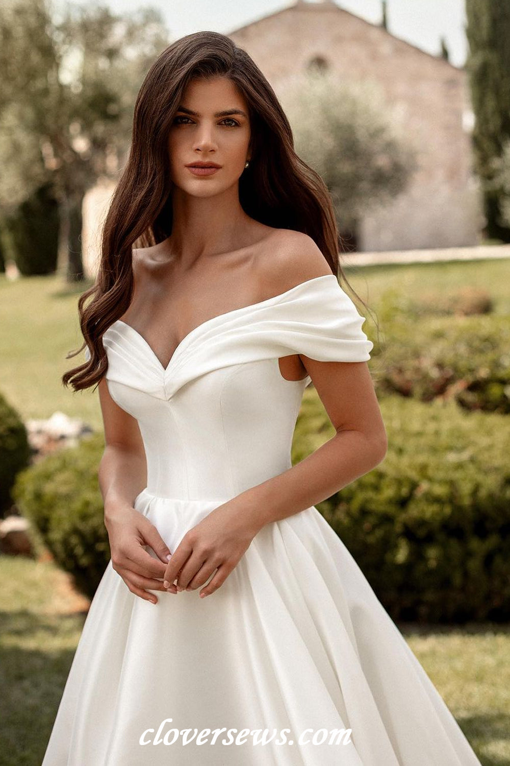 Off White Satin Pleating Off The Shoulder A-Line Vintage Wedding Dresses, CW0392 US12 / Custom Color(Leaving A note) Off White Satin Pleating Off The Shoulder A-Line Vintage Wedding Dresses, CW0392 US12 / Custom Color(Leaving A note)