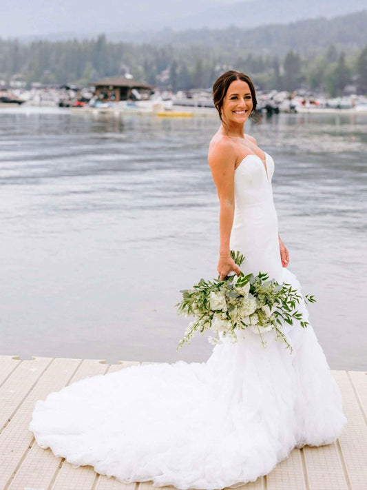 Off White Satin Ruffles Tulle Mermaid Strapless Wedding Dresses, CW0416