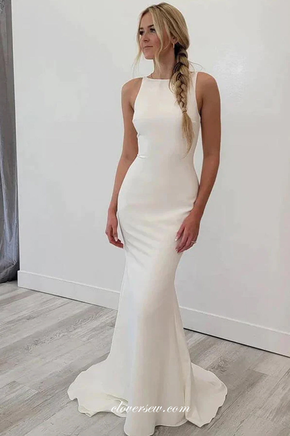 Off White Satin Sleeveless Backless Mermaid Charming Wedding Dresses, CW0374 US12 / As Pic Off White Satin Sleeveless Backless Mermaid Charming Wedding Dresses, CW0374 US12 / As Pic