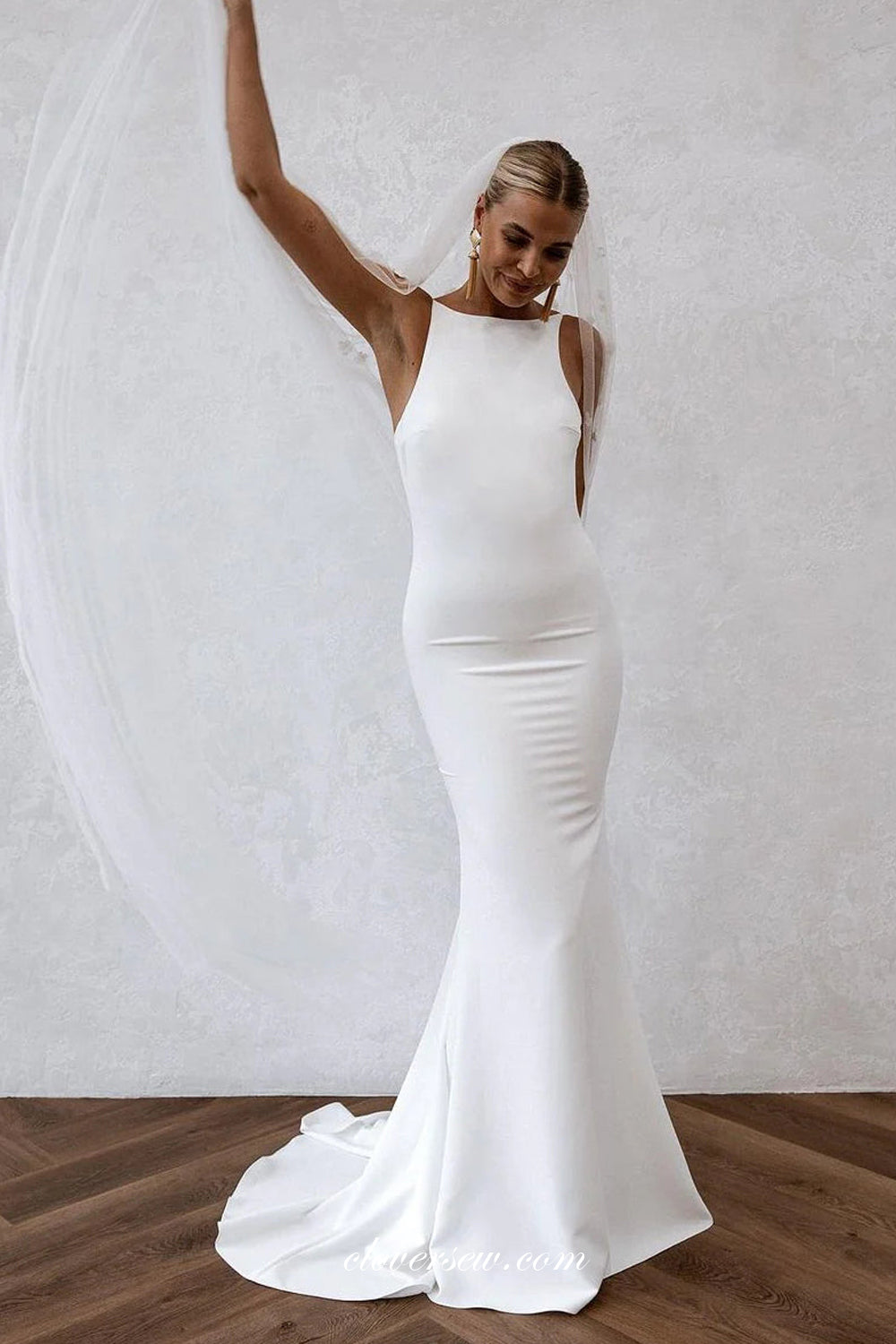 Off White Satin Sleeveless Backless Mermaid Charming Wedding Dresses, CW0374