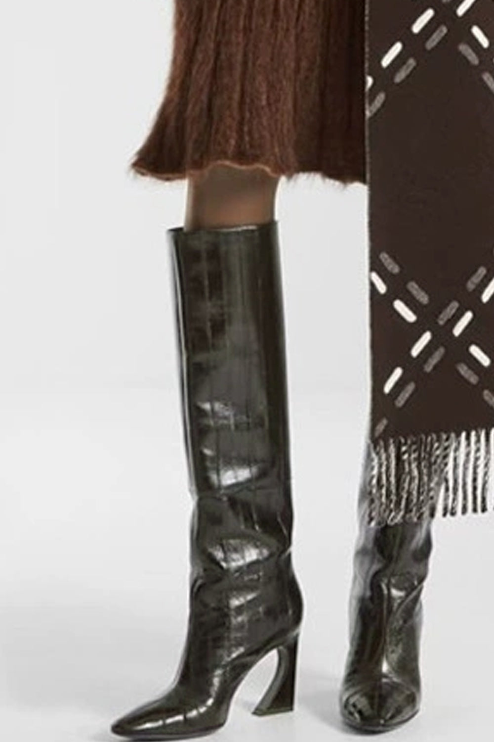 Olive Green Knee-High Fashion Boots with Square Toe Unique Heels